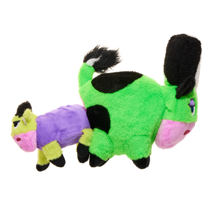Zijaanzicht van de groene koe met de kleine paarse koe eraan vast