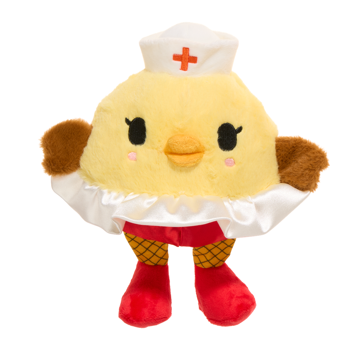 Voorkant van de kuikenknuffel met kapje, satijnen rokje en visnetbeentjes