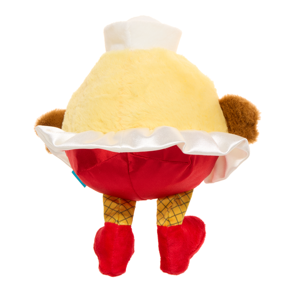 Achterkant van de kuikenknuffel met rood broekje en witte satijnen rand