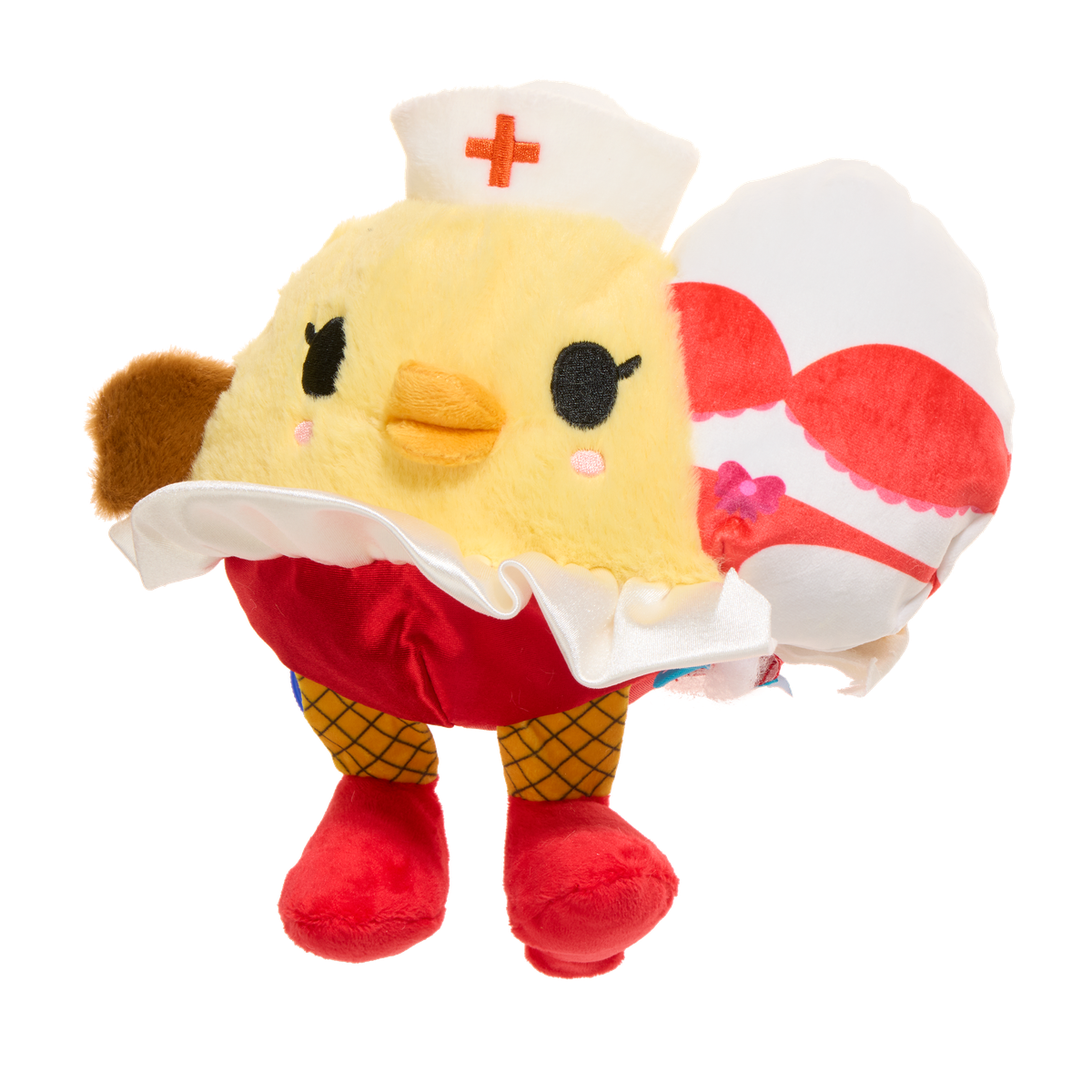 De hondenknuffel met het witrode verrassingsspeeltje half uit de opening