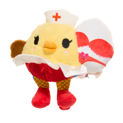 De hondenknuffel met het witrode verrassingsspeeltje half uit de opening