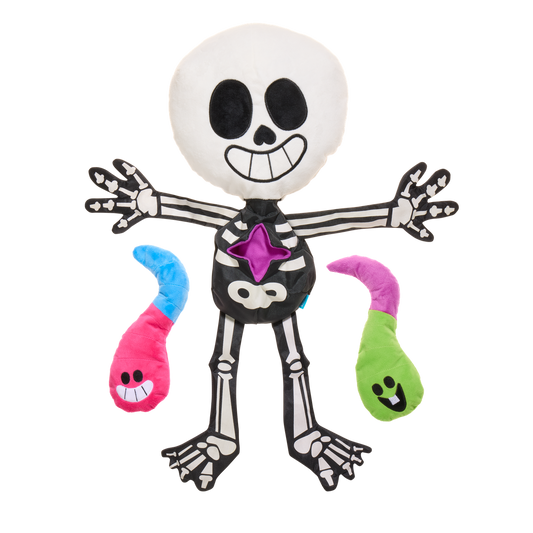 Platliggende skeletknuffel met paars stervak in de buik en twee wormpiepers