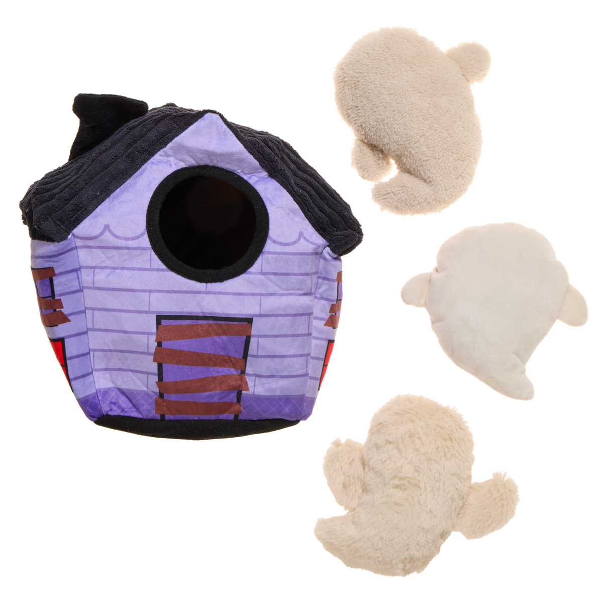 Achterkant van het snuffelhuis met rond gat en achterkant van de spookjes