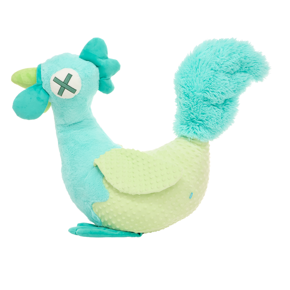 Zijaanzicht van de pluche kip in turquoise en lichtgroen met pluizige staart