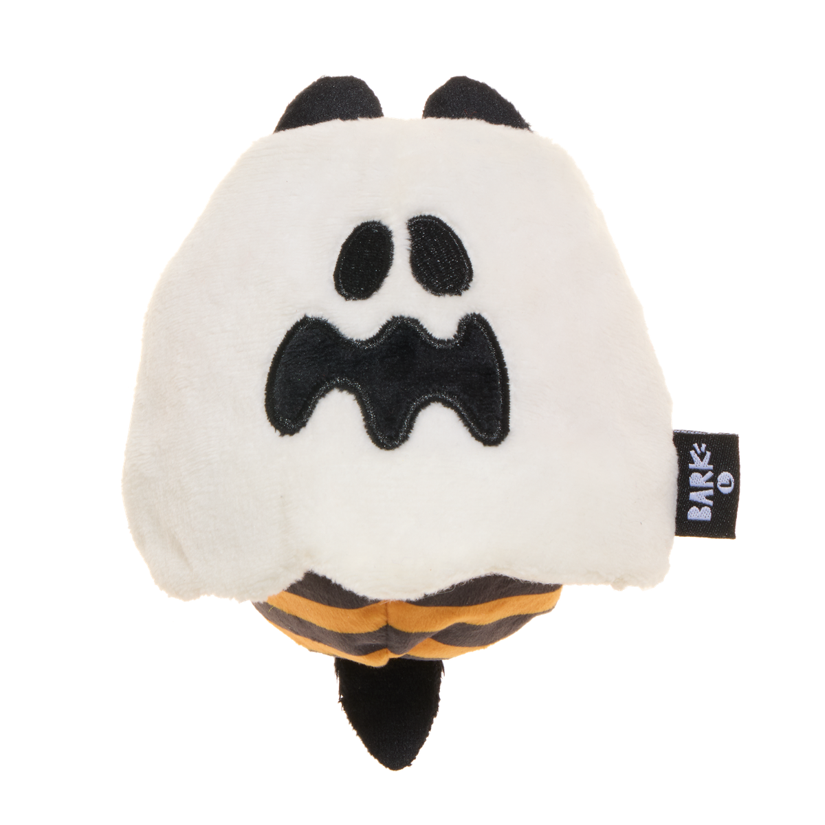 Vooraanzicht van het witte pluche spookje met zwart-oranje gestreept bijenlijf
