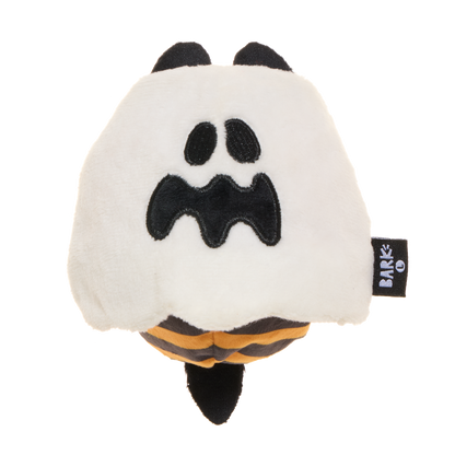 Vooraanzicht van het witte pluche spookje met zwart-oranje gestreept bijenlijf