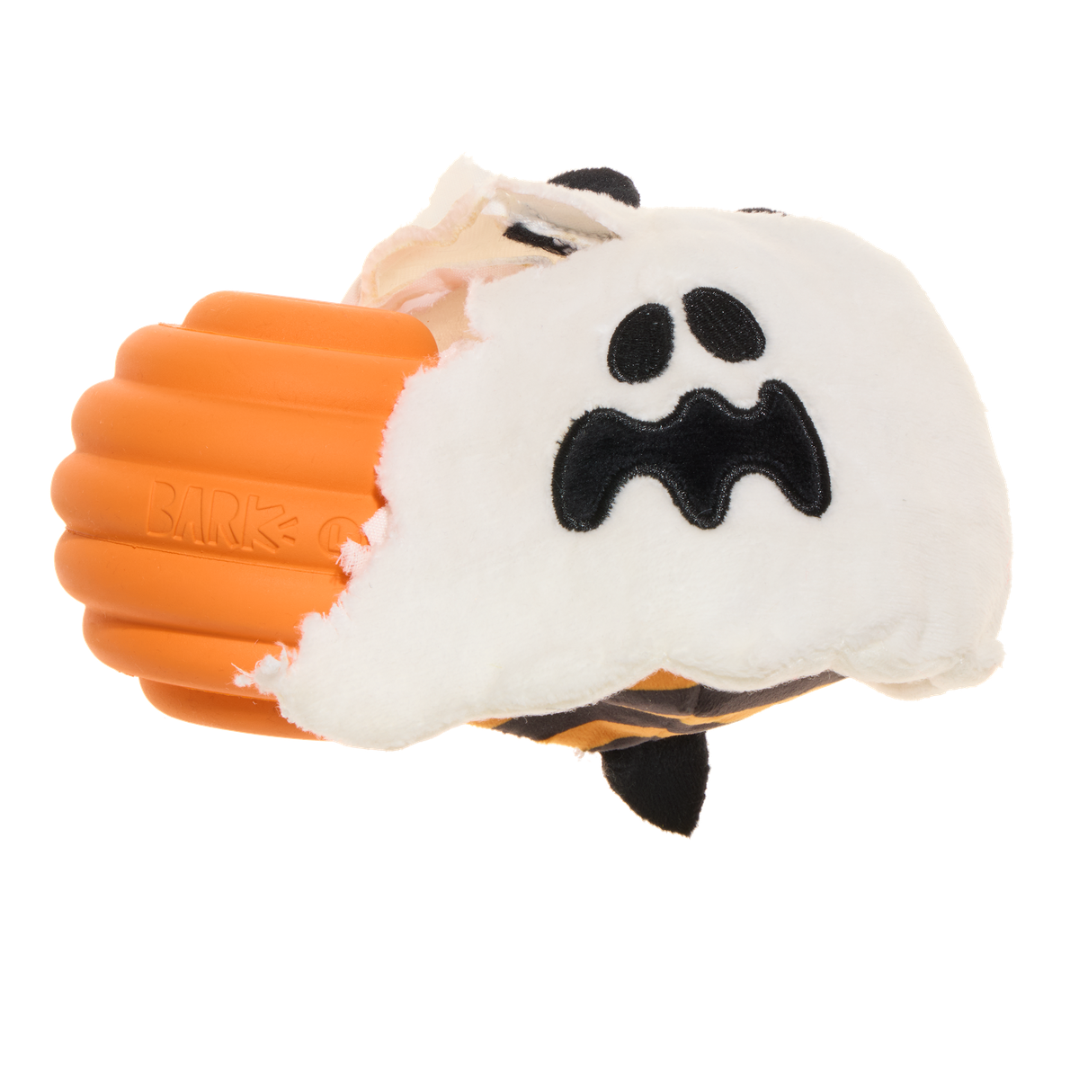 Opengescheurd spookje waaruit de oranje rubberen piepkern tevoorschijn komt