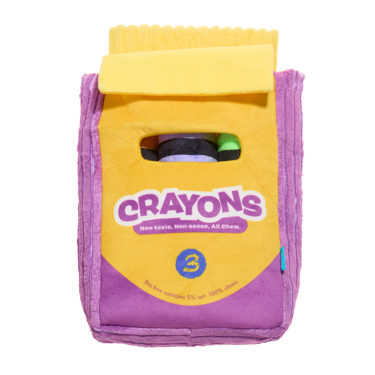 Gesloten pluche krijtjesdoos met opschrift Crayons en gele klep, vooraanzicht