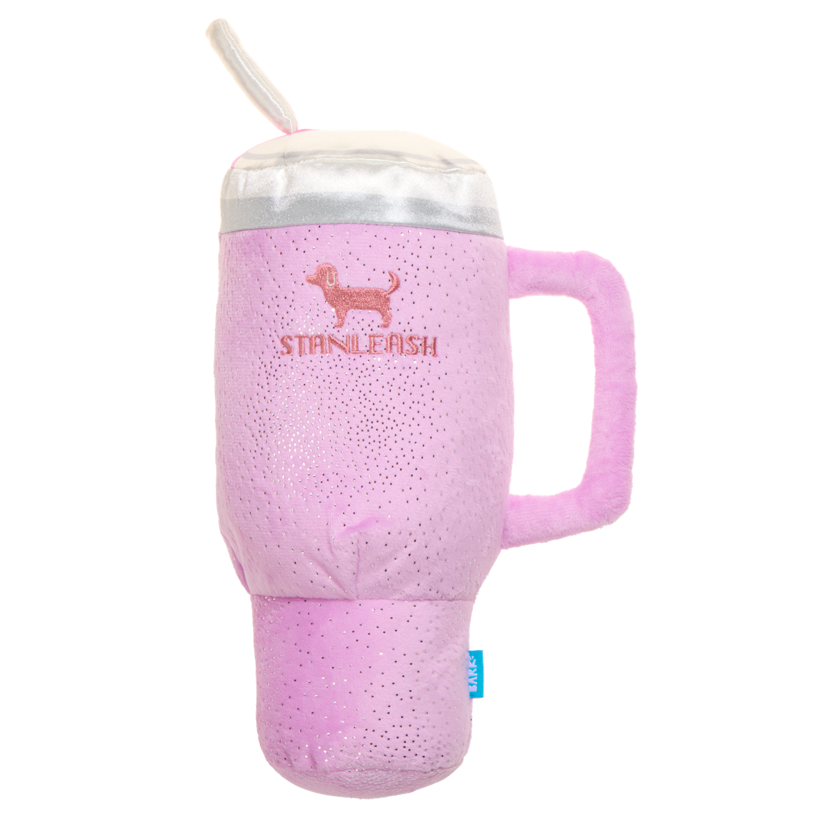 Voorkant van de roze pluche beker met geborduurd hondje en handvat