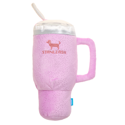 Voorkant van de roze pluche beker met geborduurd hondje en handvat