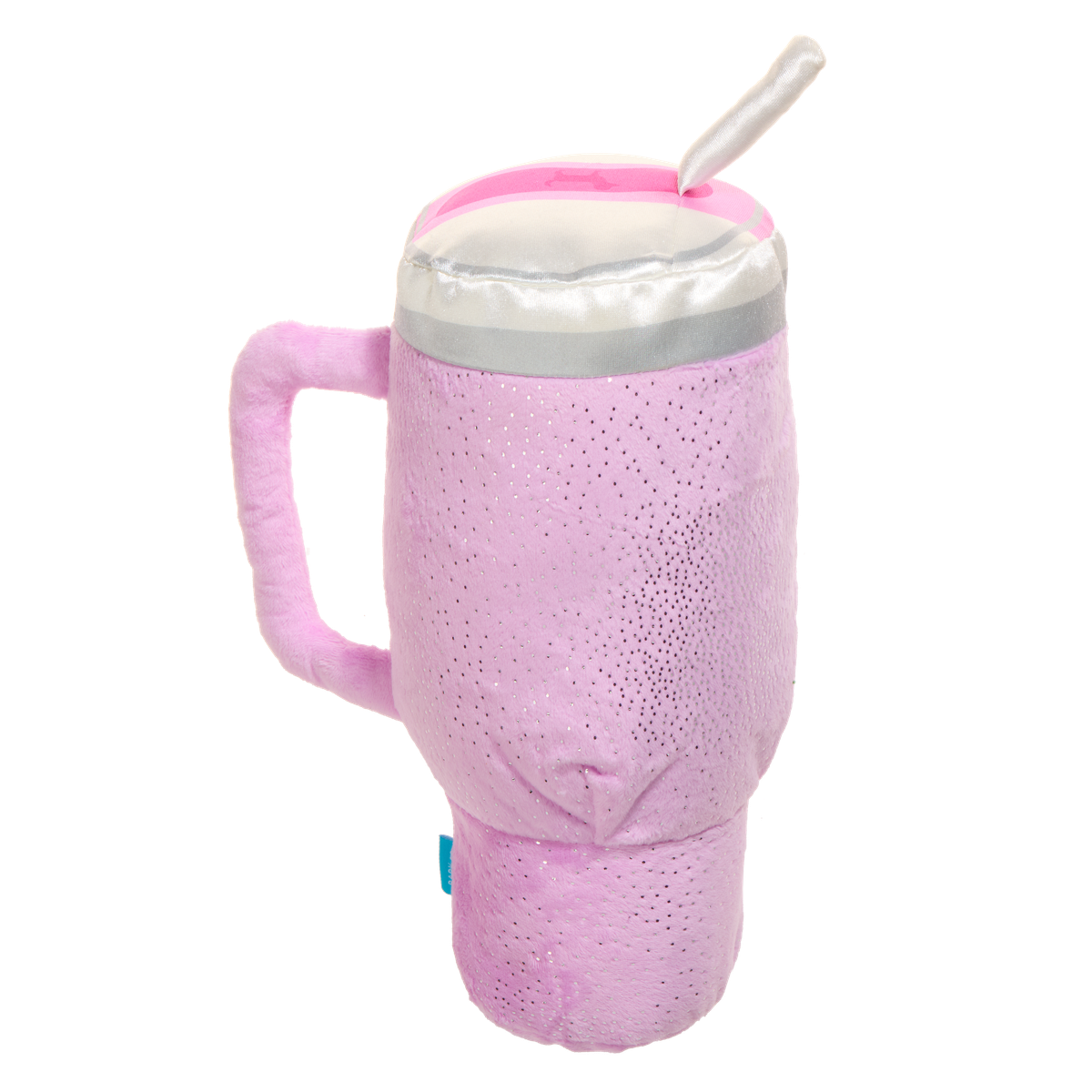 Achterkant van de beker met zilveren deksel, rietje en glitterstof