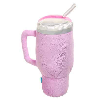 Achterkant van de beker met zilveren deksel, rietje en glitterstof