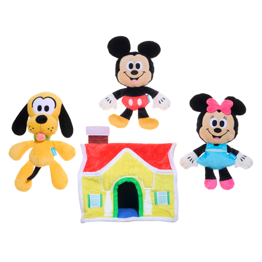 Snuffelspeelgoed voor honden: pluche huisje met knuffels van Mickey, Minnie en Pluto