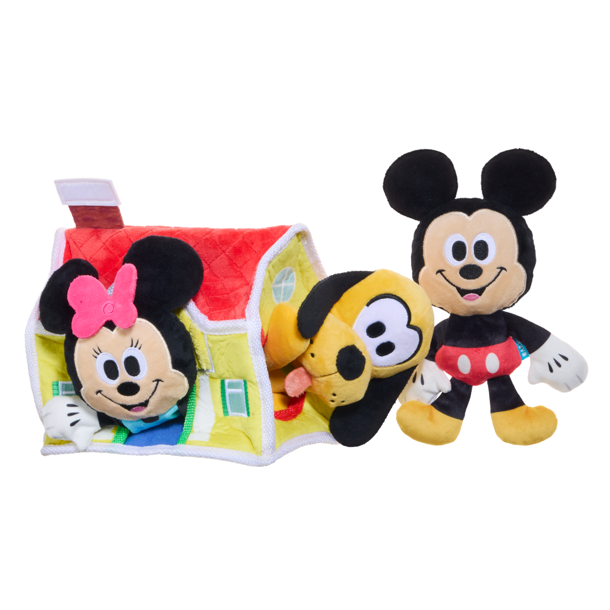 Minnie en Pluto steken uit de openingen van het huisje, Mickey ernaast