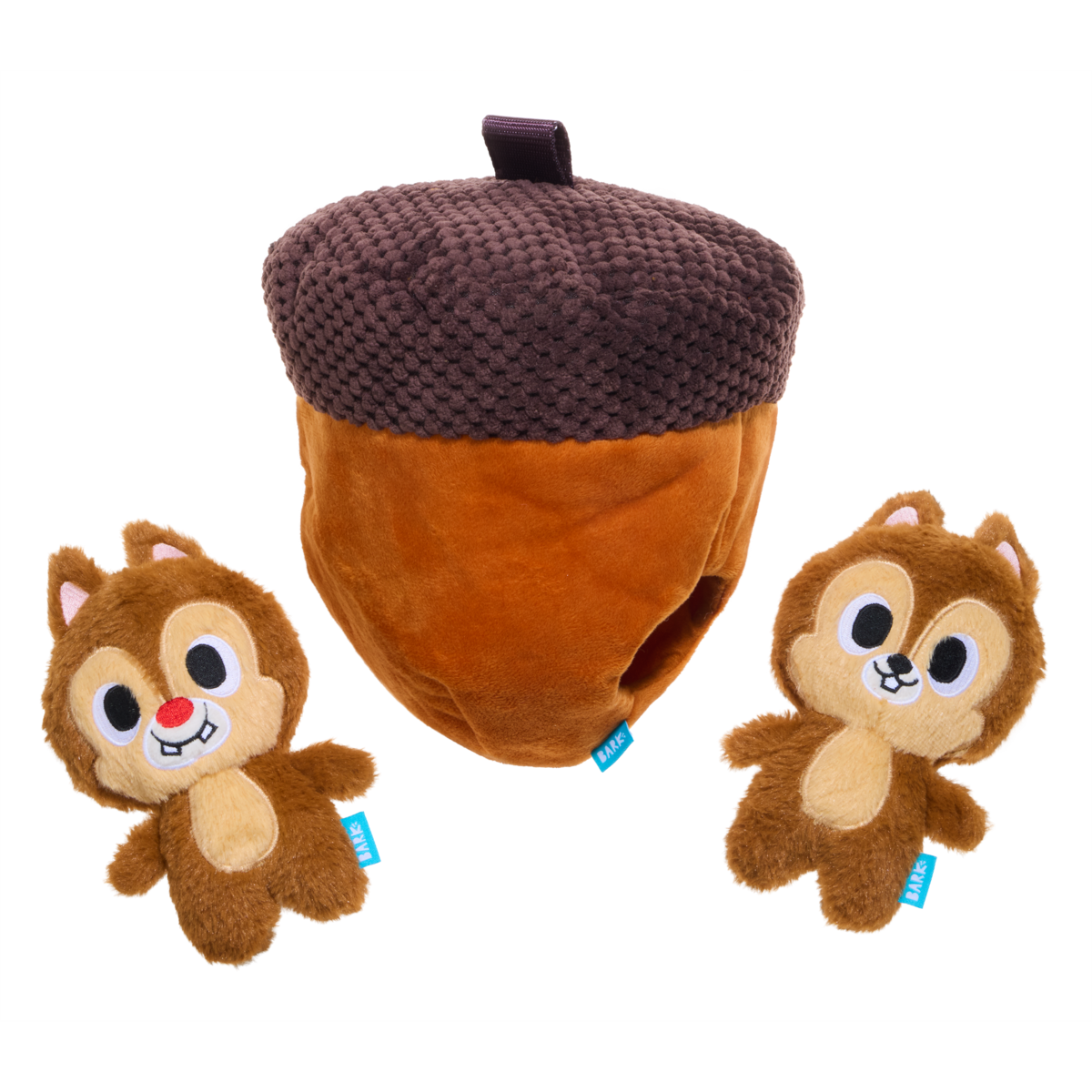 Snuffelspeelgoed van pluche: bruine eikel met losse Knabbel en Babbel knuffels ernaast