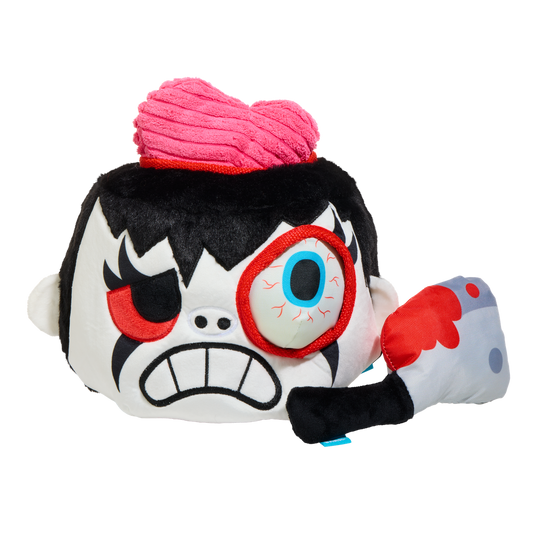 Pluche snuffelspeelgoed voor honden als zombiehoofd met roze hart, oogbal en hakmes