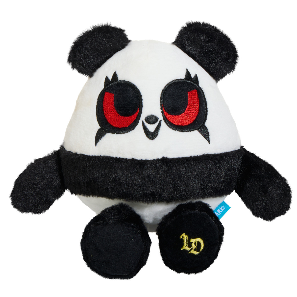 Zittende pandaknuffel met geborduurd goudkleurig logo op een van de voetjes