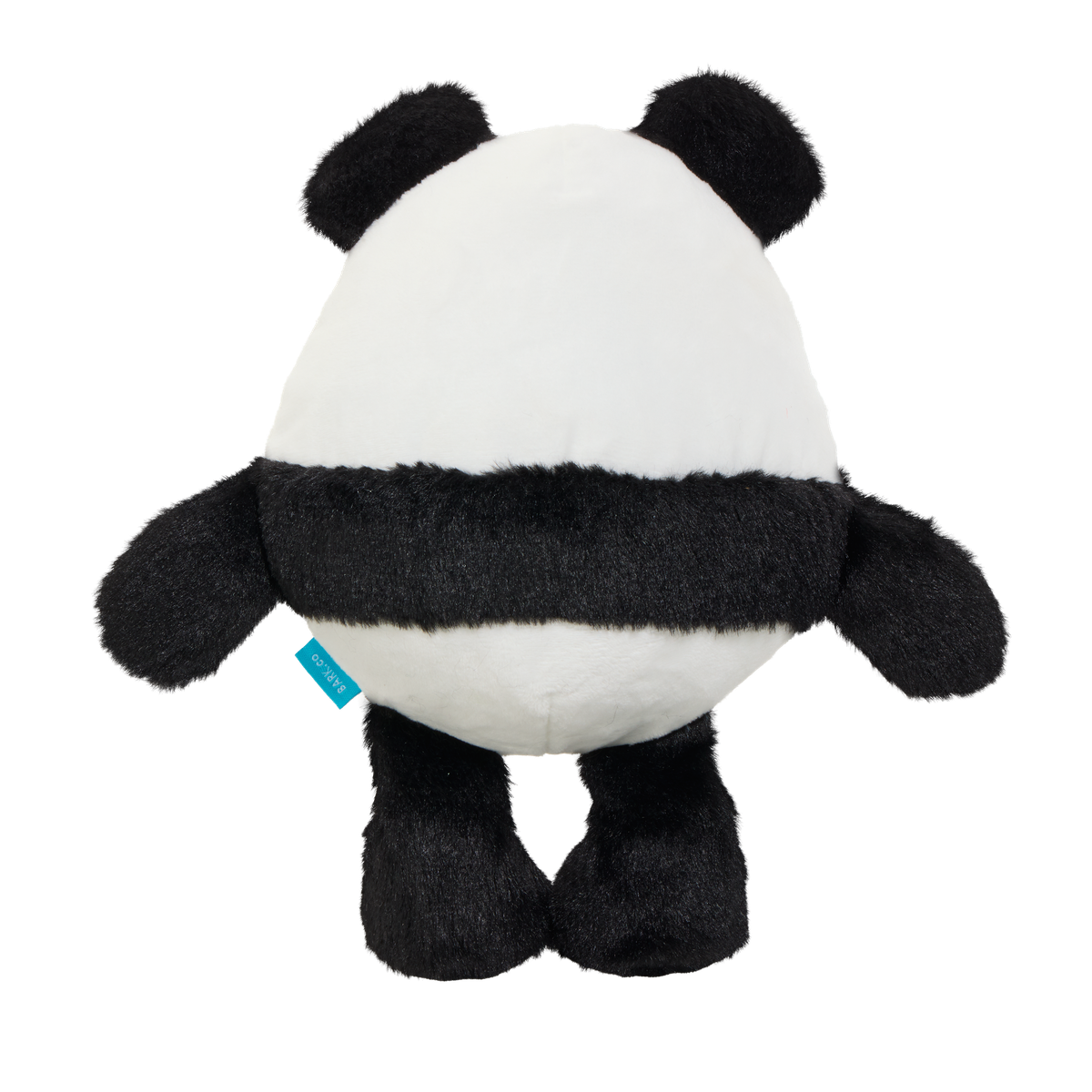 Achterkant van de pandaknuffel in zwart en wit pluche met blauw labeltje