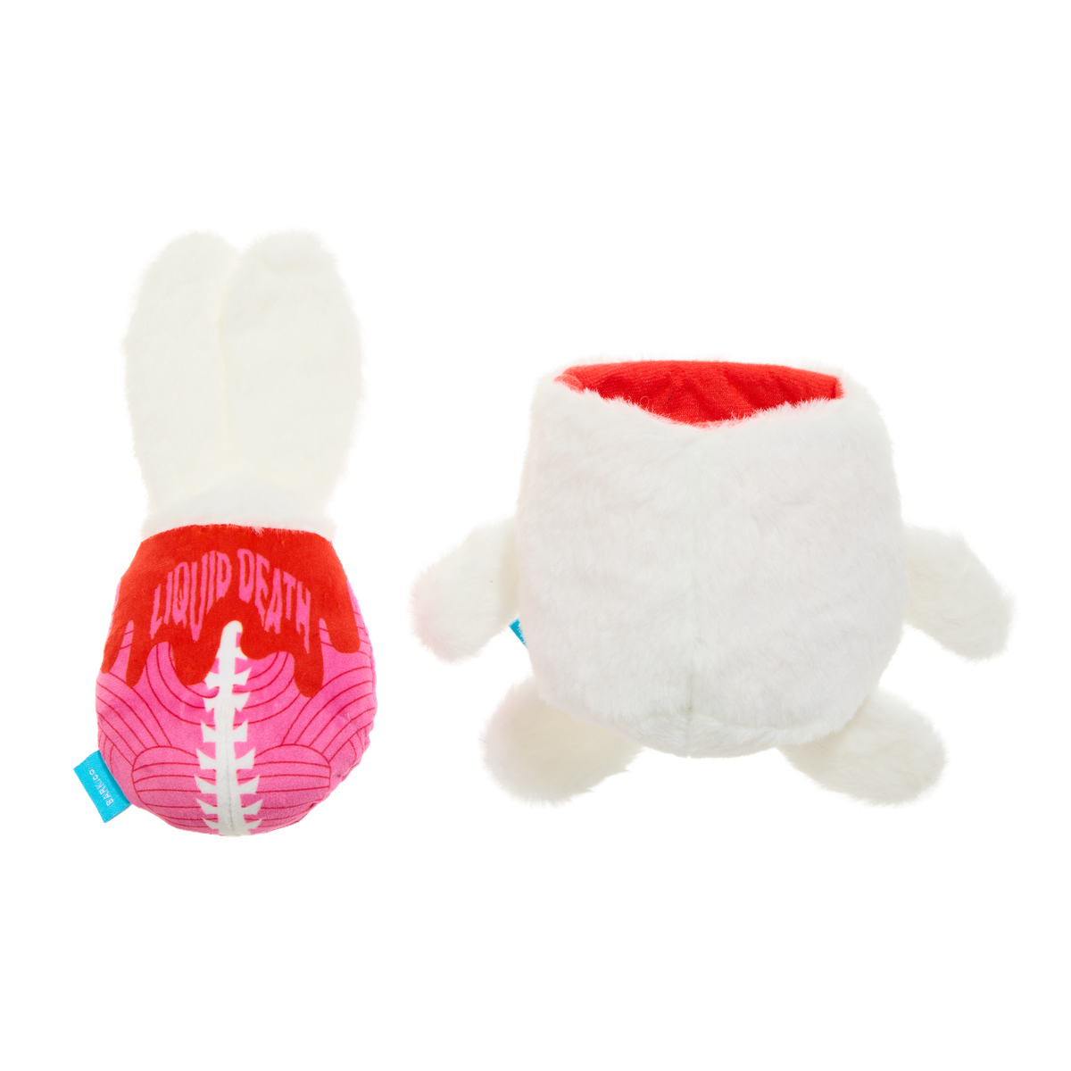 Achterkant van de roze binnenknuffel met tekst en het witte konijn
