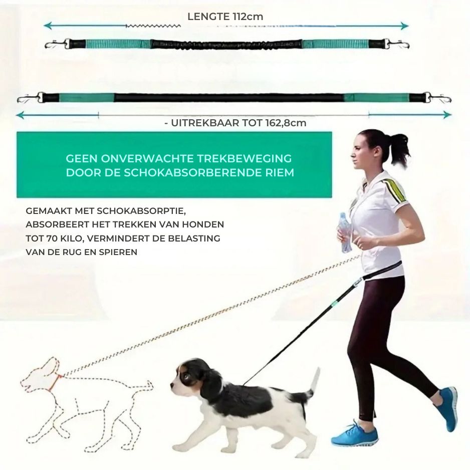Lengte van de riem 112 tot 162,8 cm en uitleg over schokabsorptie bij joggen