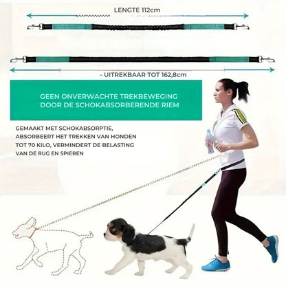 Lengte van de riem 112 tot 162,8 cm en uitleg over schokabsorptie bij joggen
