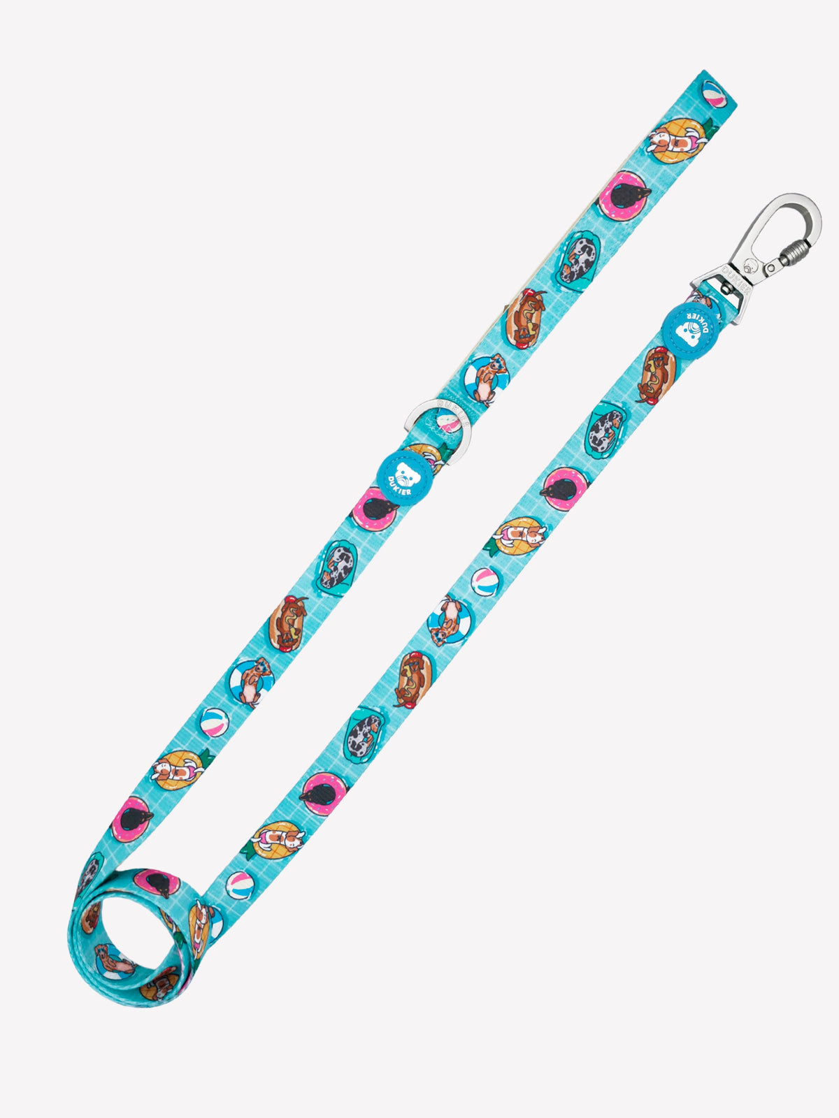 Turquoise hondenriem met zomerprint van zwembanden en metalen veiligheidskarabijn