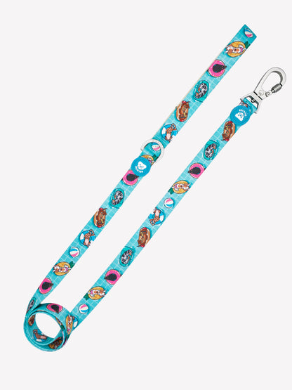 Turquoise hondenriem met zomerprint van zwembanden en metalen veiligheidskarabijn