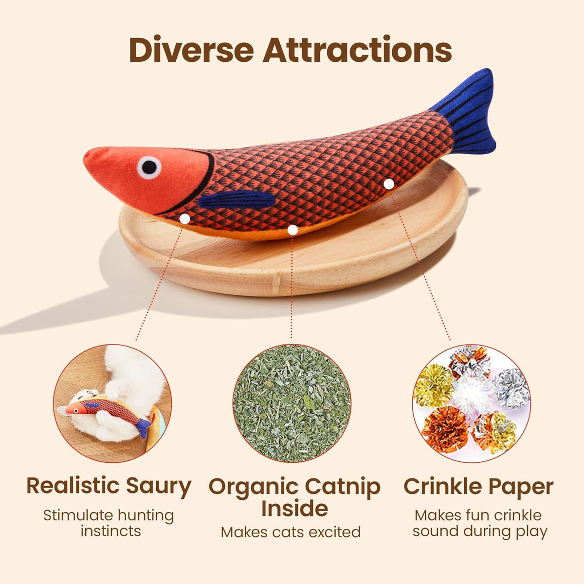 Rode vis op houten bordje met uitleg over kattenkruid en knisperpapier binnenin