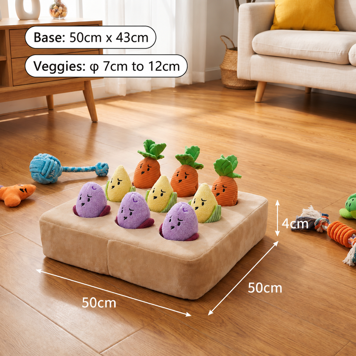 Afmetingen van de snuffelmat: basis 50 bij 50 cm, 4 cm hoog, groentes 7 tot 12 cm