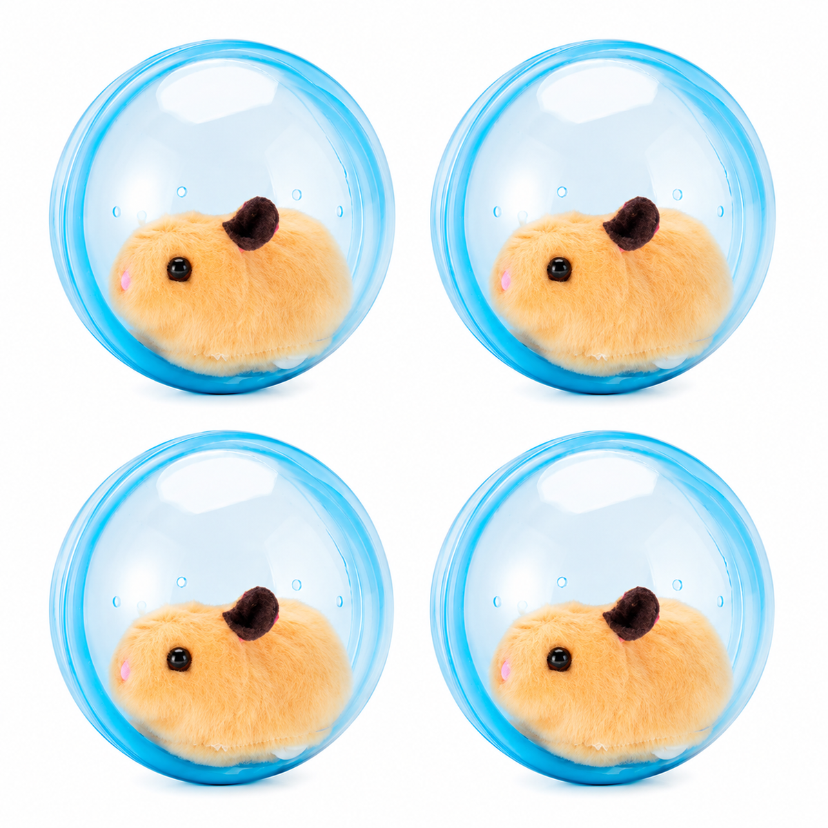 Set van vier blauwe rolballen met pluchen hamster op witte achtergrond