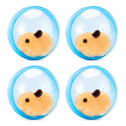 Set van vier blauwe rolballen met pluchen hamster op witte achtergrond
