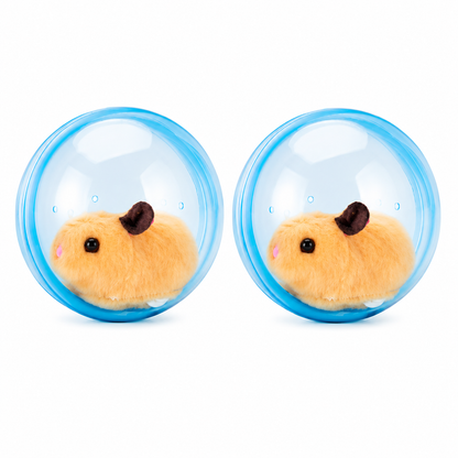Set van twee blauwe ballen met elk een oranje pluchen hamster