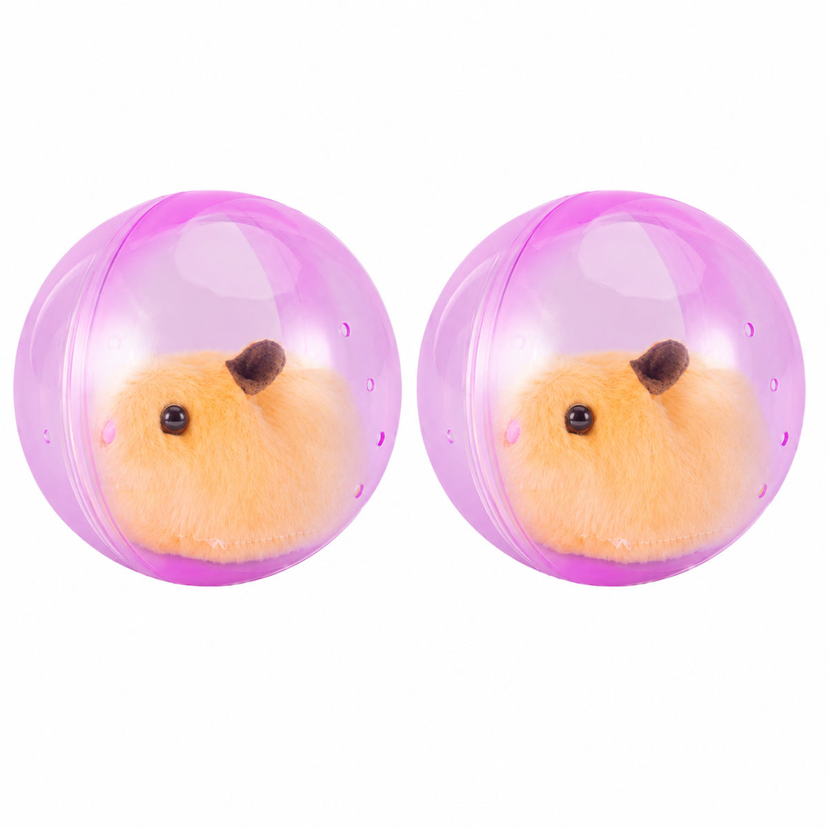Twee roze doorzichtige ballen met elk een oranje pluchen hamster erin