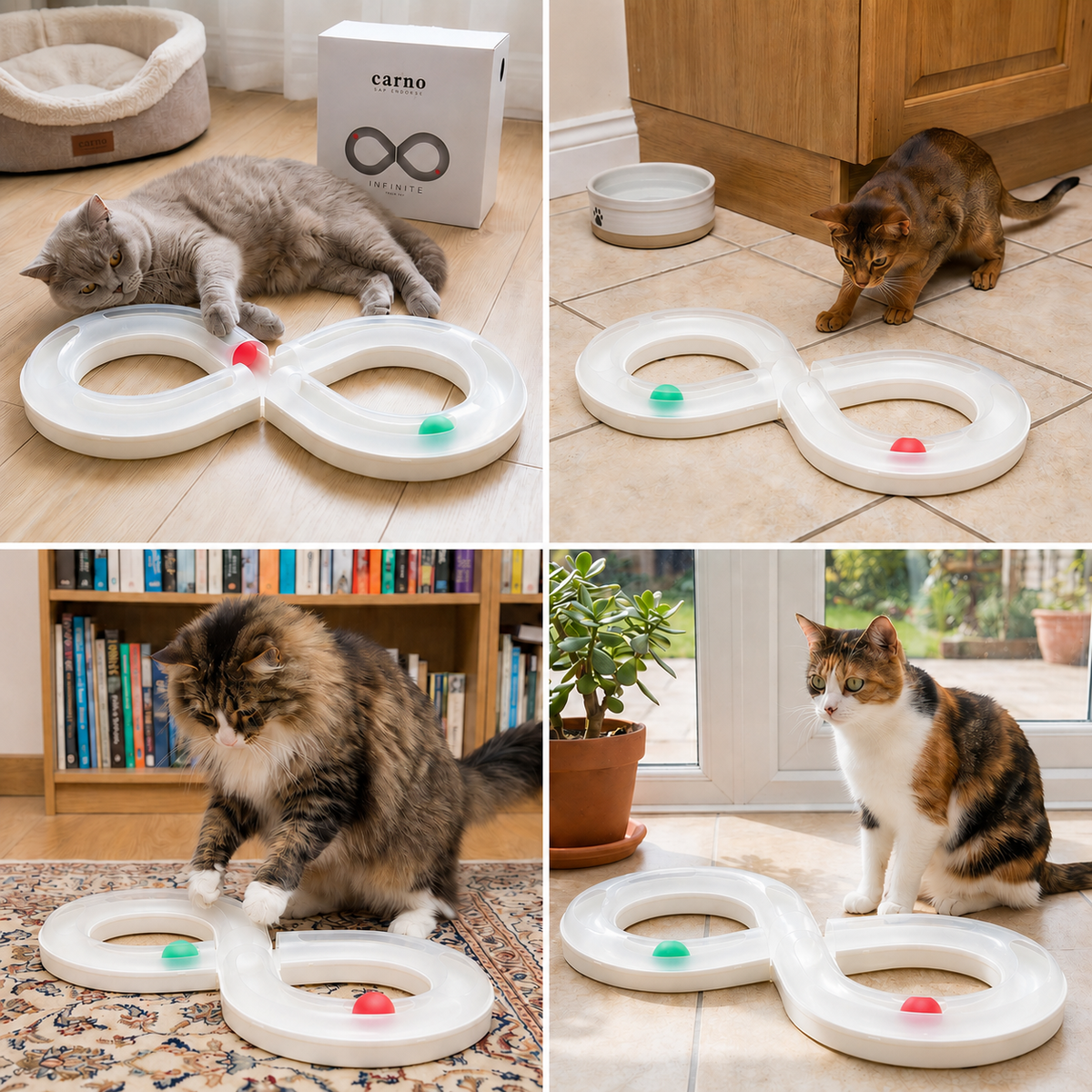 Vier verschillende katten spelen met de kattenbaan in diverse kamers van het huis