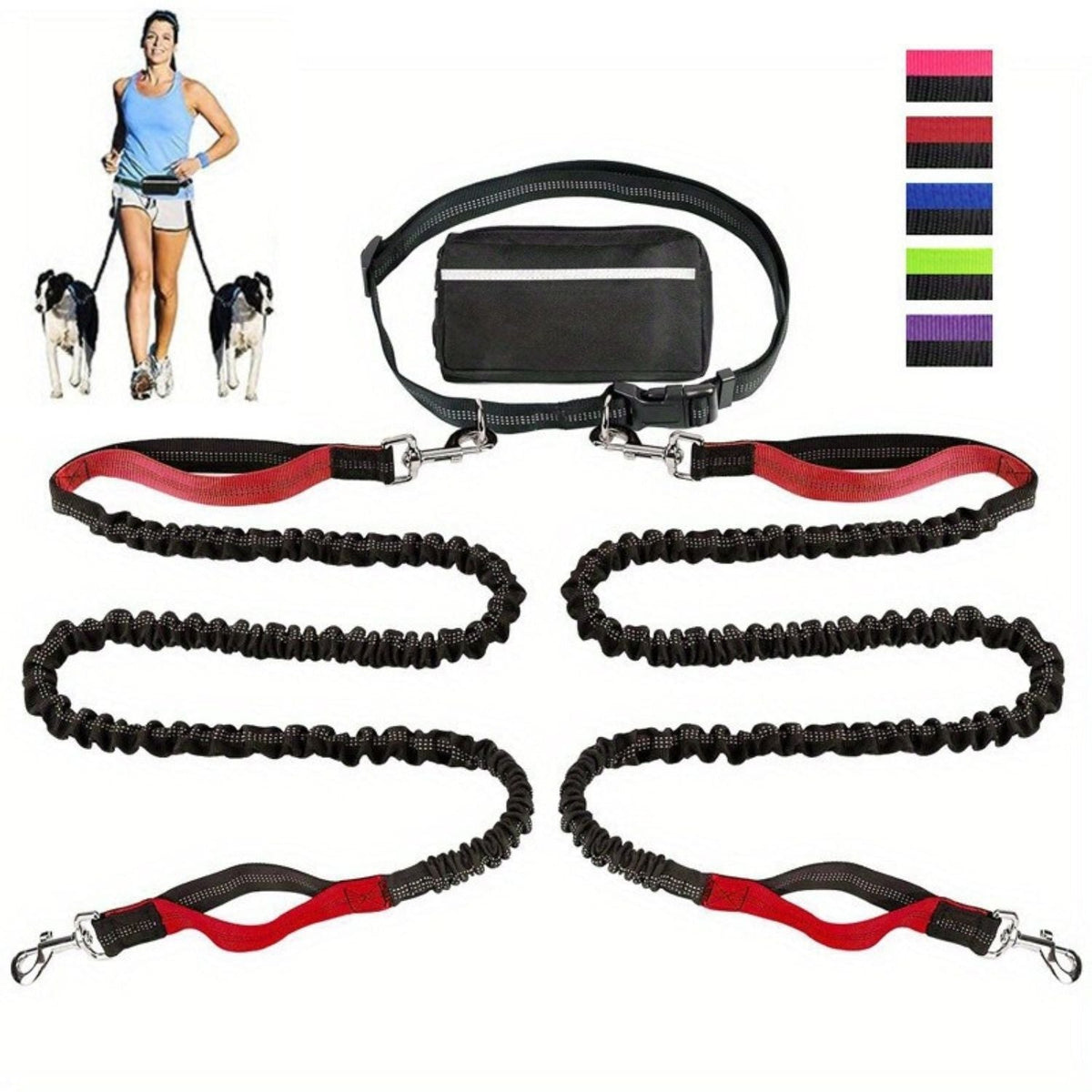 Handsfree hondenriem met heupriem, tasje en twee zwart-rode elastische riemen, vrouw rent met twee honden