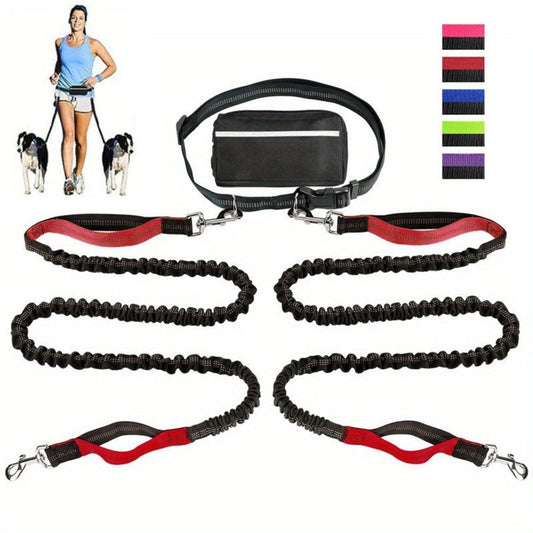 Handsfree hondenriem met heupriem, tasje en twee zwart-rode elastische riemen, vrouw rent met twee honden