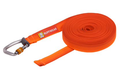 Opgerolde oranje lange lijn voor honden van webbing met karabijnhaak