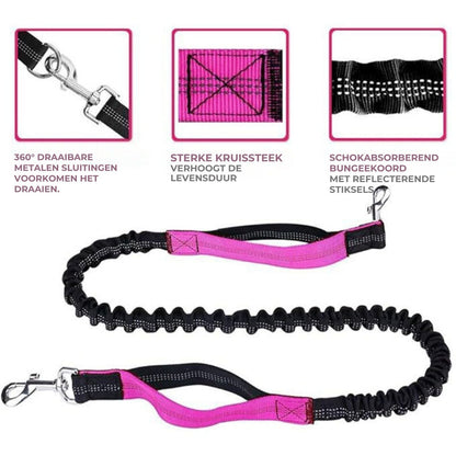 Roze-zwarte elastische riem met close-ups van draaibare sluiting, kruissteek en reflecterende stiksels