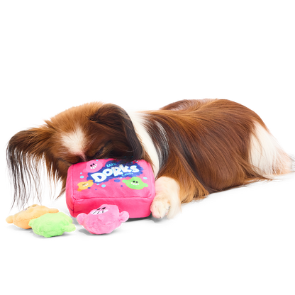 Liggende hond steekt zijn snuit in de roze pluche snoepdoos