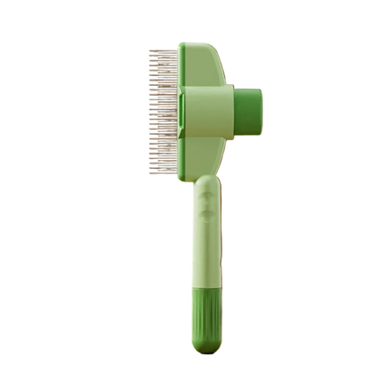 Groene vachtborstel met roestvaststalen tanden en ronde knop op de kop