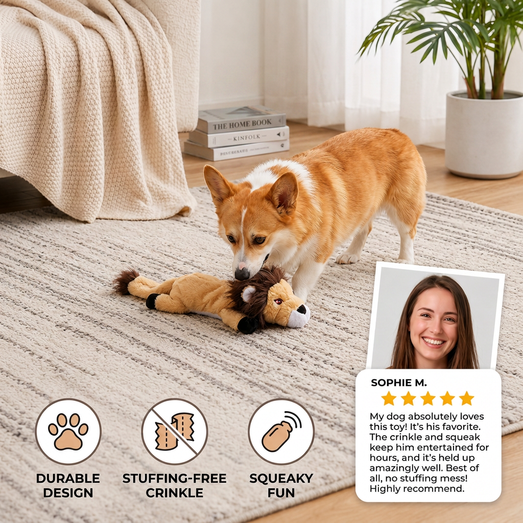 Corgi speelt met de leeuwenknuffel op een kleed, met klantreview en iconen