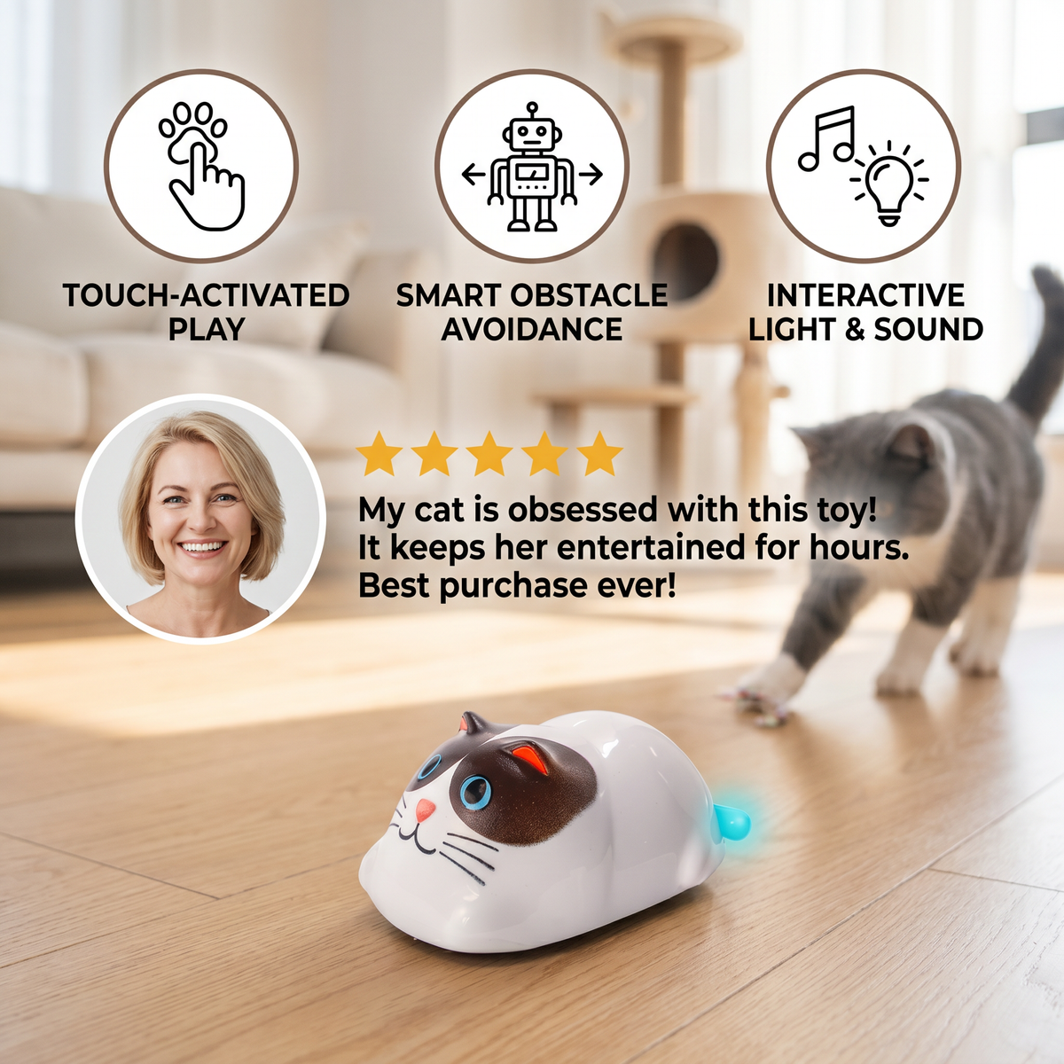 Grijze kat rent naar het speelgoed, iconen voor aanraaksensor, obstakels ontwijken en licht