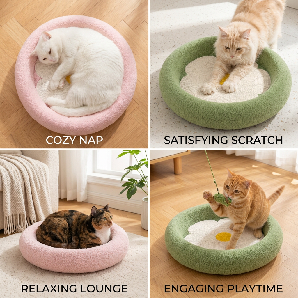 Vier katten slapen, krabben en spelen in roze en groene krabmanden