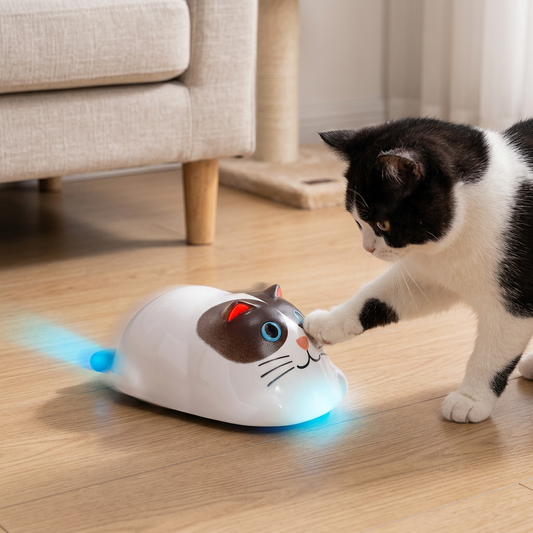 Wit-bruine interactieve kattenrobot met blauw licht, zwart-witte kat tikt ertegen