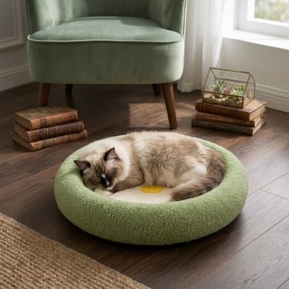 Groene krabmand in bloemvorm met slapende ragdollkat op houten vloer