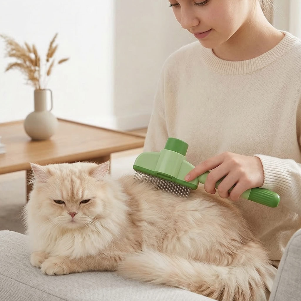 Vrouw borstelt een langharige crèmekleurige kat op de bank met de groene borstel