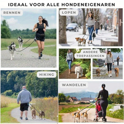 Collage van rennen, wandelen en hiken met honden aan de handsfree riem