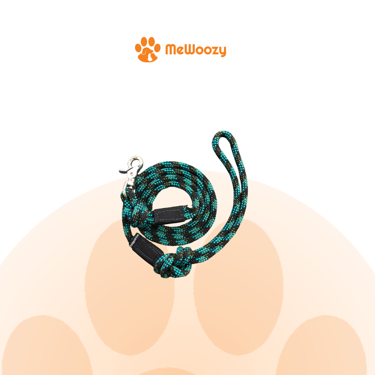 De touwriem in zwart met turquoise motief en geknoopte handlus