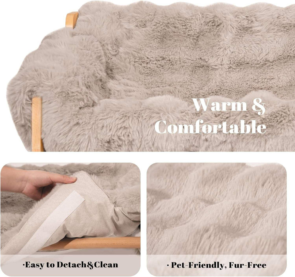 Close-ups van de pluche bekleding, afneembaar met klittenband en wasbaar