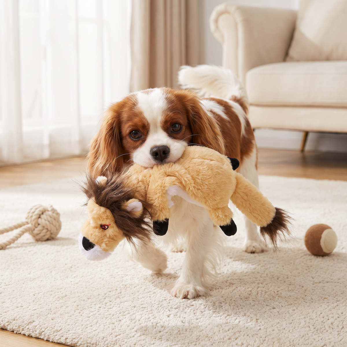 Cavalier king charles spaniel draagt een platte leeuwenknuffel zonder vulling in de bek